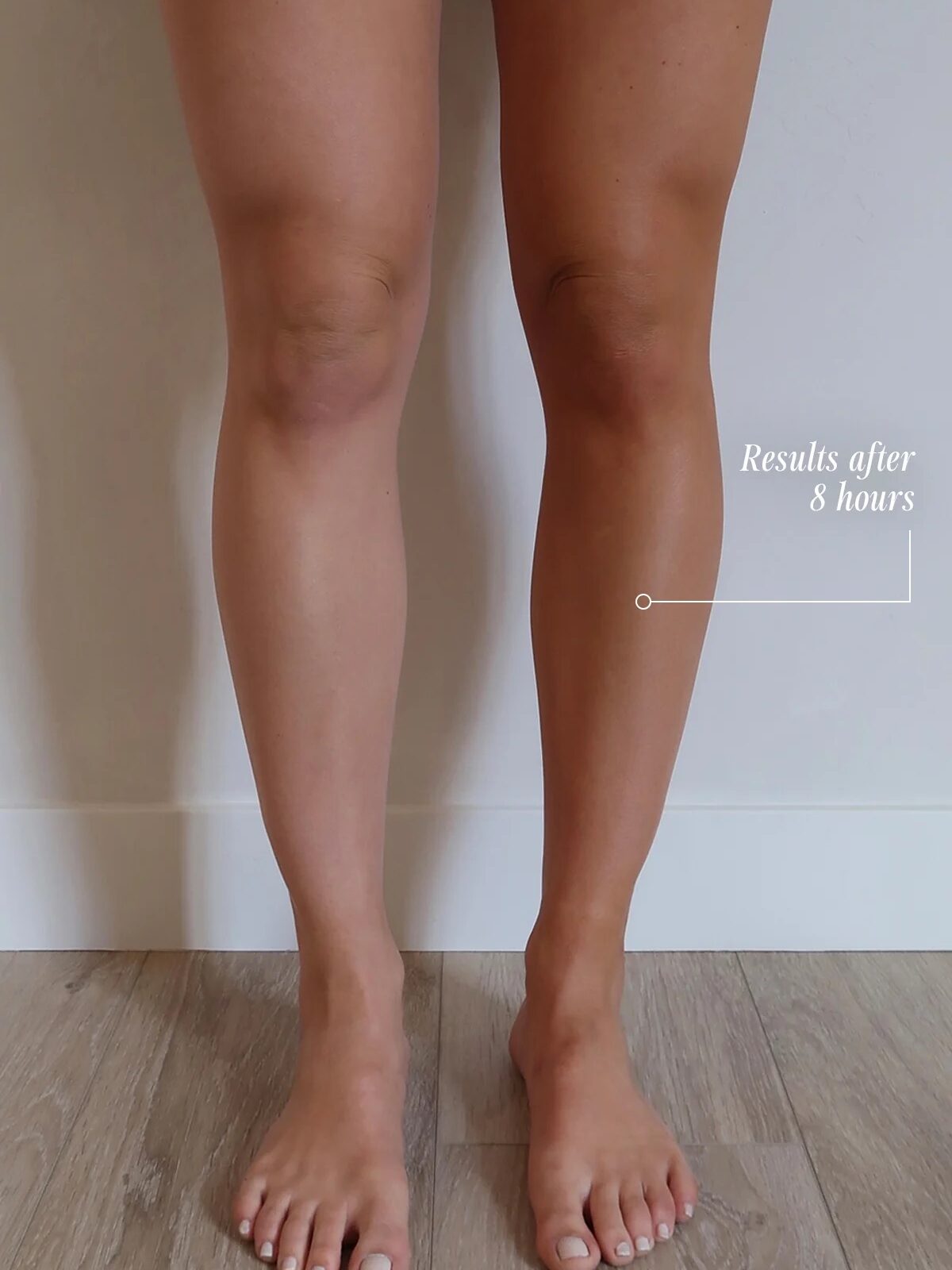 A pair of bare legs showing a comparison of skin tone between the left and right leg, with text stating "Results after 8 hours" pointing to the right leg. The image is on a wooden floor background.