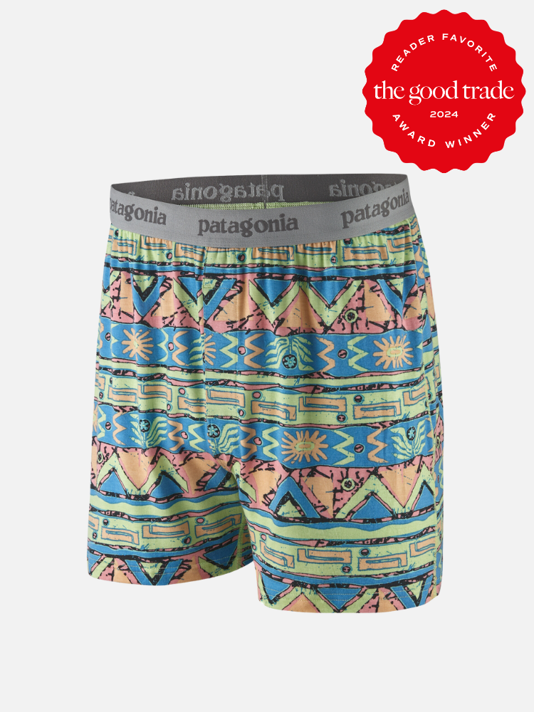 Colorful patterned boxer shorts with a gray waistband featuring the "Patagonia" logo. A red "The Good Trade" award badge for "Reader Favorite 2024" is displayed in the top right corner.