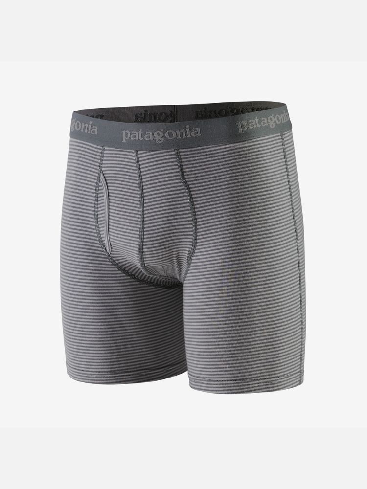 Gray striped men's boxer briefs with a black waistband featuring the brand name "Patagonia" in white text.