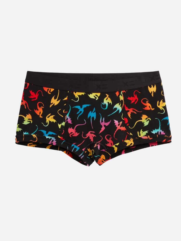 Black boxer briefs with a colorful dinosaur pattern against a white background.
