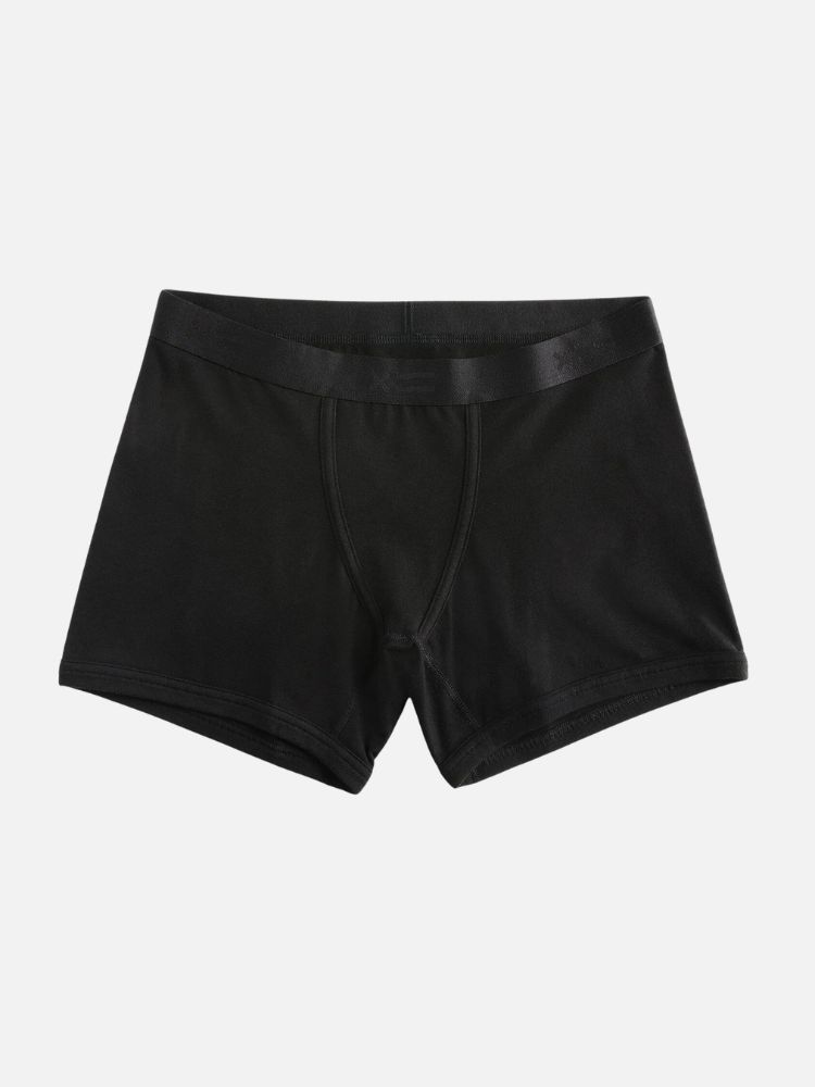 A pair of black men's boxer briefs displayed against a plain white background.