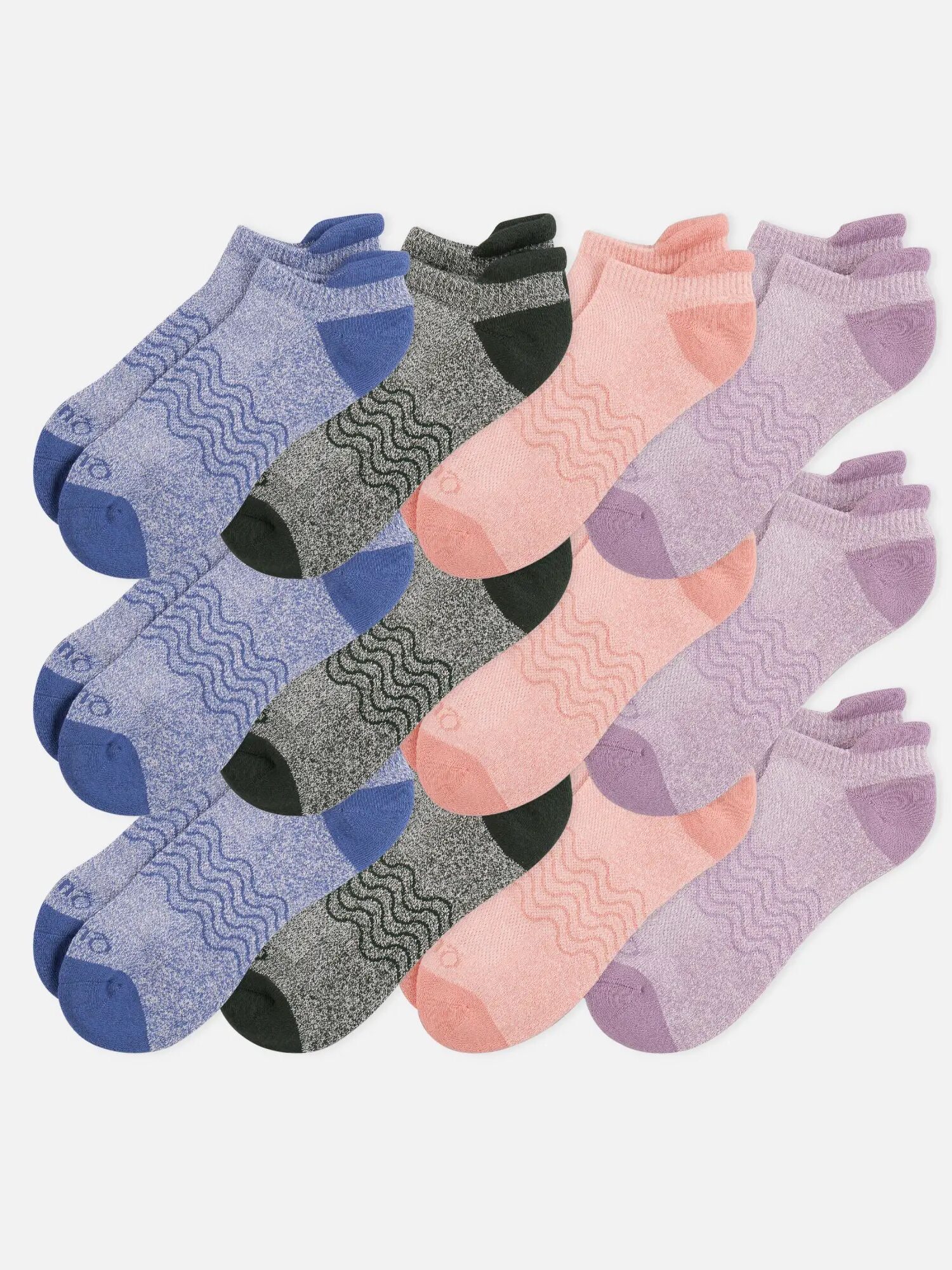 A set of colorful organic ankle socks in shades of blue, gray, pink, and purple, each with reinforced toes and heels, arranged in two rows against a white background.