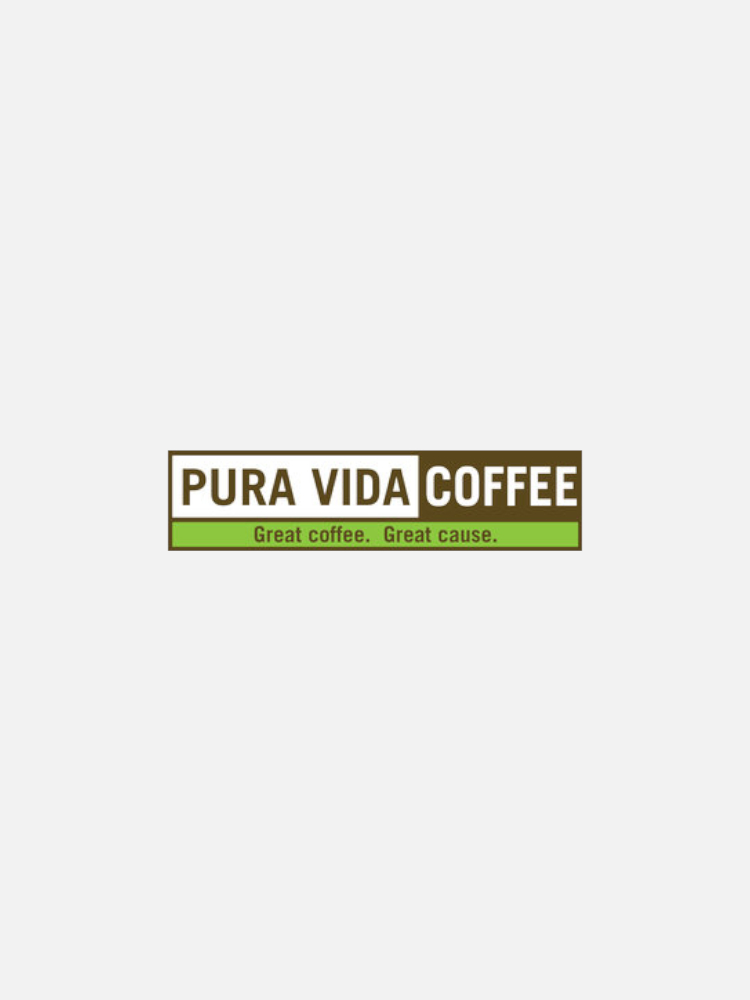 A logo with the text "Pura Vida Coffee" and the slogan "Great coffee. Great cause." in brown and green colors.
