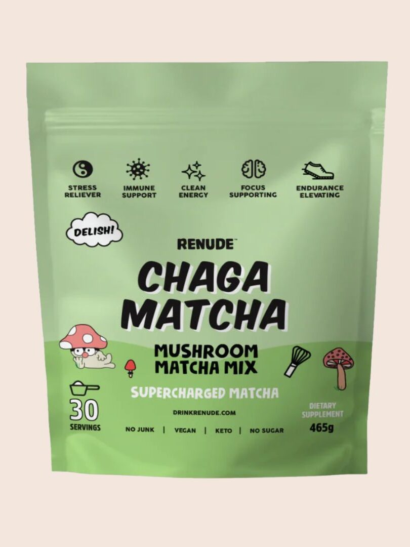 A green package of Renude Chaga Matcha Mushroom Matcha Mix. The front lists benefits like stress relief and endurance, notes 30 servings, and highlights attributes such as vegan, keto, and no sugar.