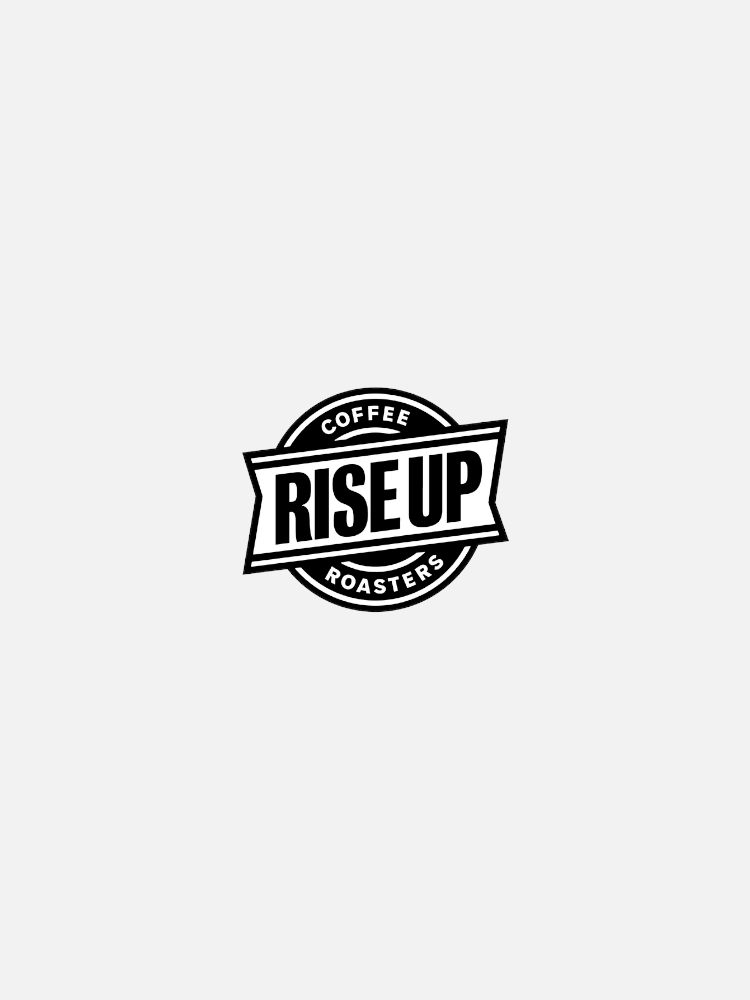 Black-and-white logo that reads "Rise Up Coffee Roasters" with the word "Rise Up" prominently displayed in the center and "Coffee" above it and "Roasters" below it, enclosed in a circular design.