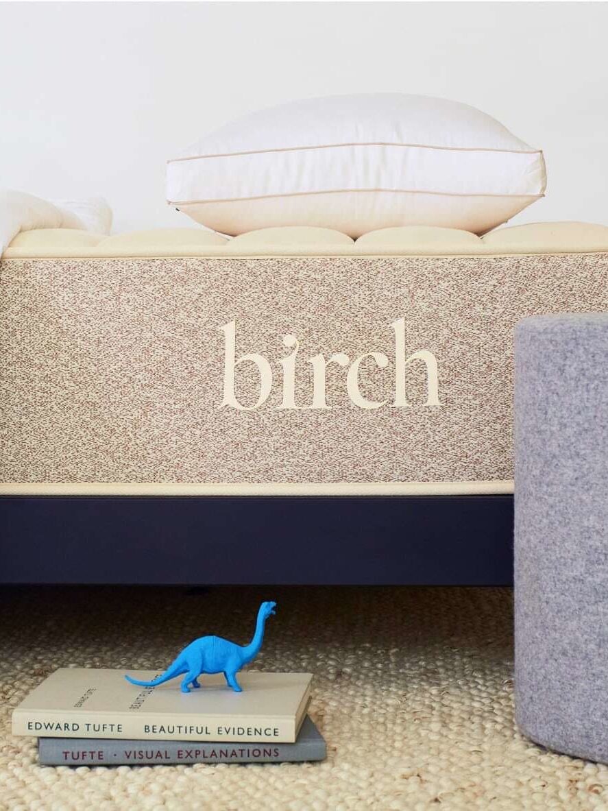 A bed with "birch" written on the side, covered with a white duvet, white pillow, and nearby books and a blue toy dinosaur on the floor.