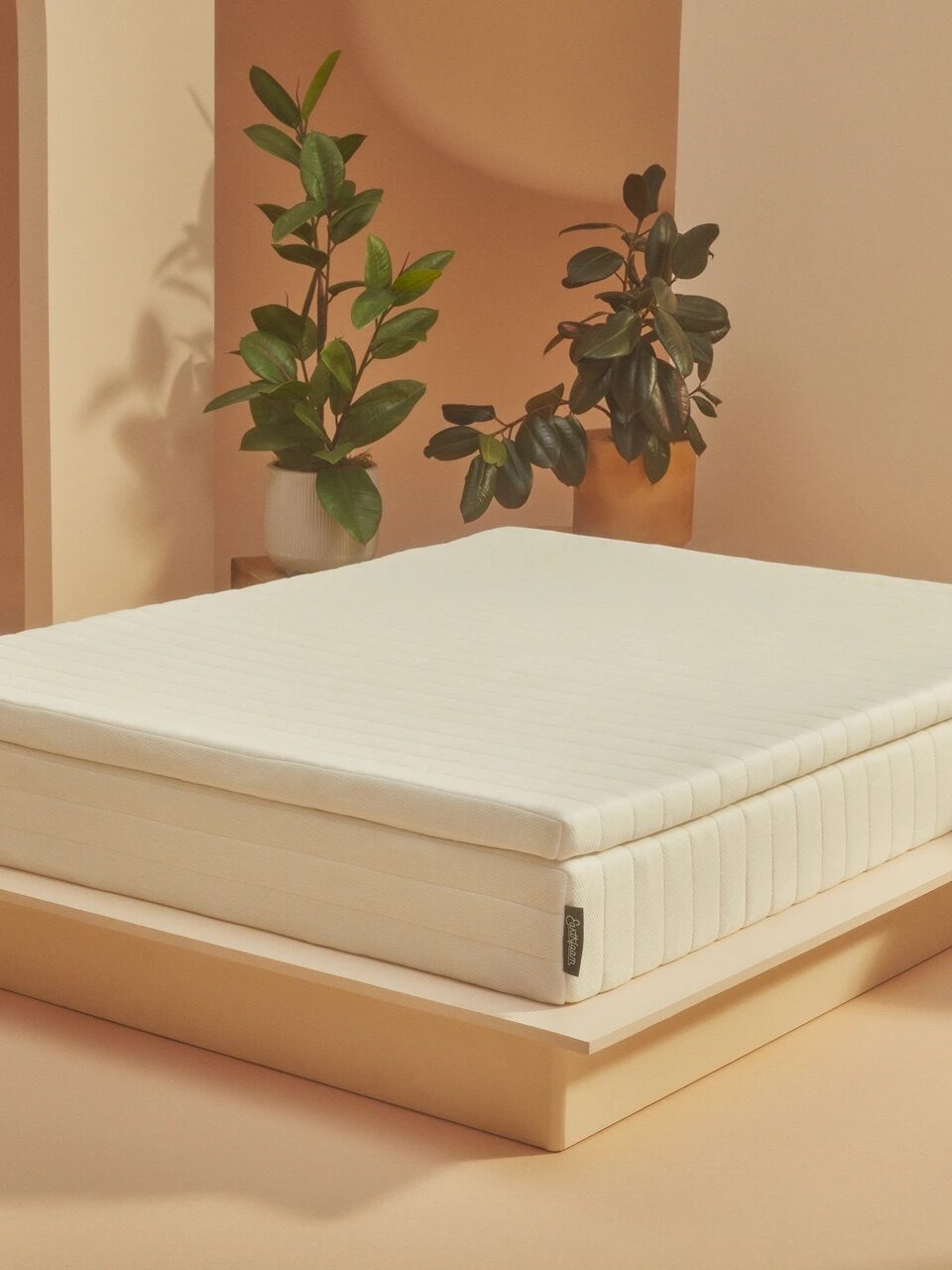 A minimalist bedroom with a mattress on a wooden platform bed, surrounded by potted plants and a small stone table, with beige walls and a round rug on the floor.