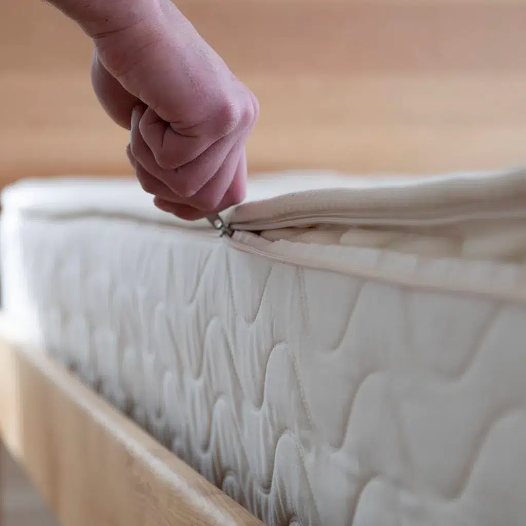 A hand is shown zipping closed the cover of an organic mattress.