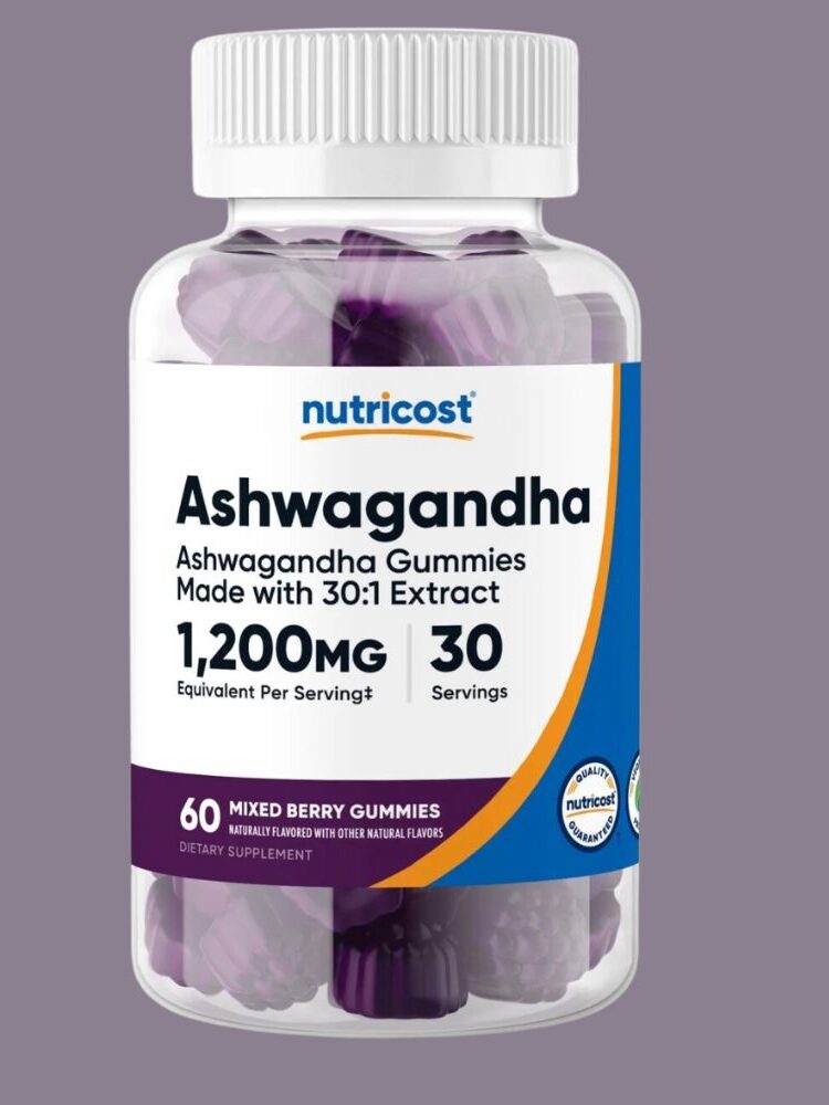 A bottle of Nutricost Ashwagandha Gummies featuring 60 mixed berry flavored gummies, 1200mg per serving, with 30 servings total.