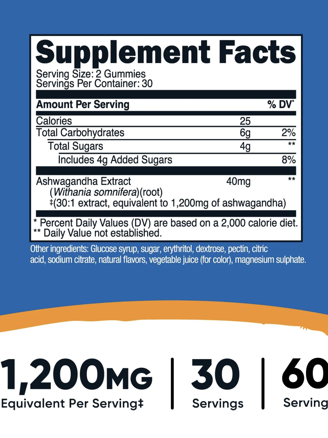 Supplement Facts label for a gummy supplement. Serving size: 2 gummies, 30 servings. Key nutrients per serving include 25 calories, 6g carbs, and 40mg Ashwagandha extract. Contains inactive ingredients.