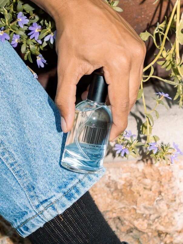 A person holds a small bottle of clear liquid against denim-clad leg, with small purple flowers in the background.