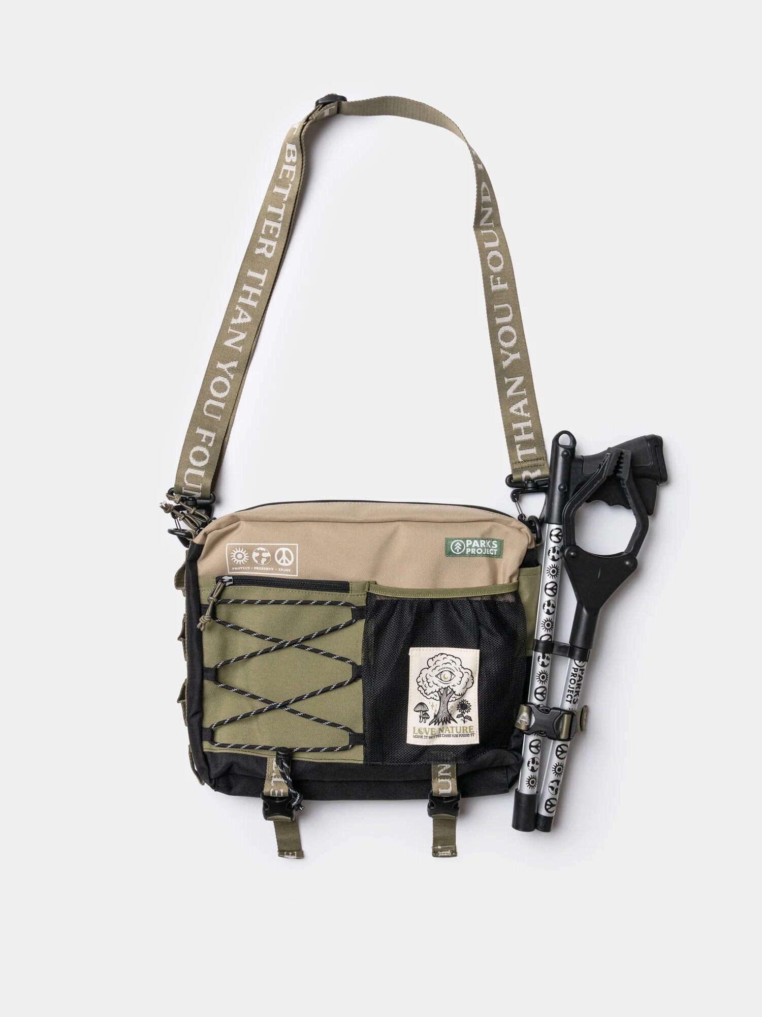 A green and beige messenger bag with multiple pockets and compartments is displayed. It features an adjustable strap with the text "BETTER THAN YOU FOUND." An attached tool with a grip is visible on the side.