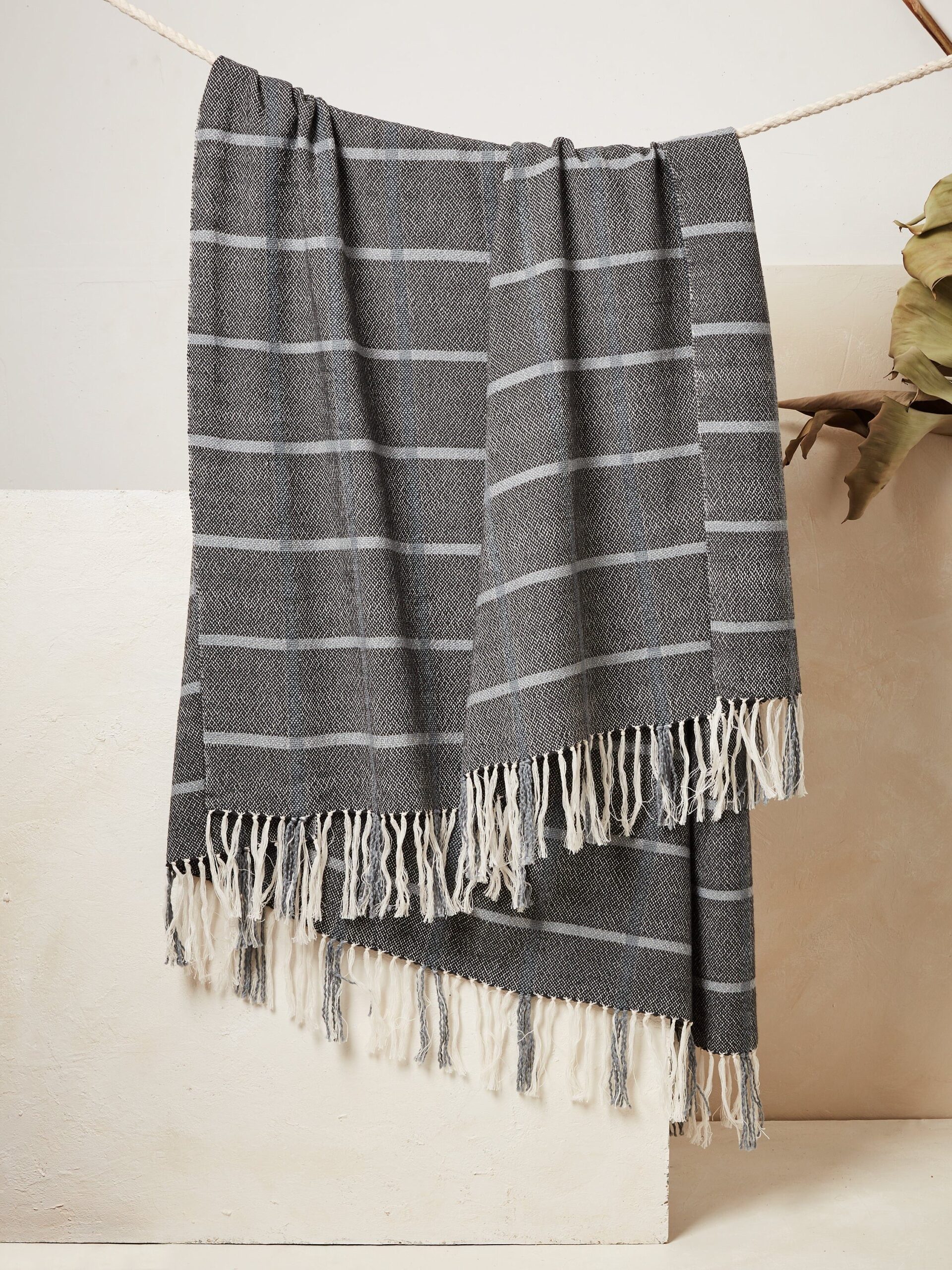 A gray blanket with white horizontal stripes and fringed ends is draped over a rope, with beige walls and a withered plant in the background.
