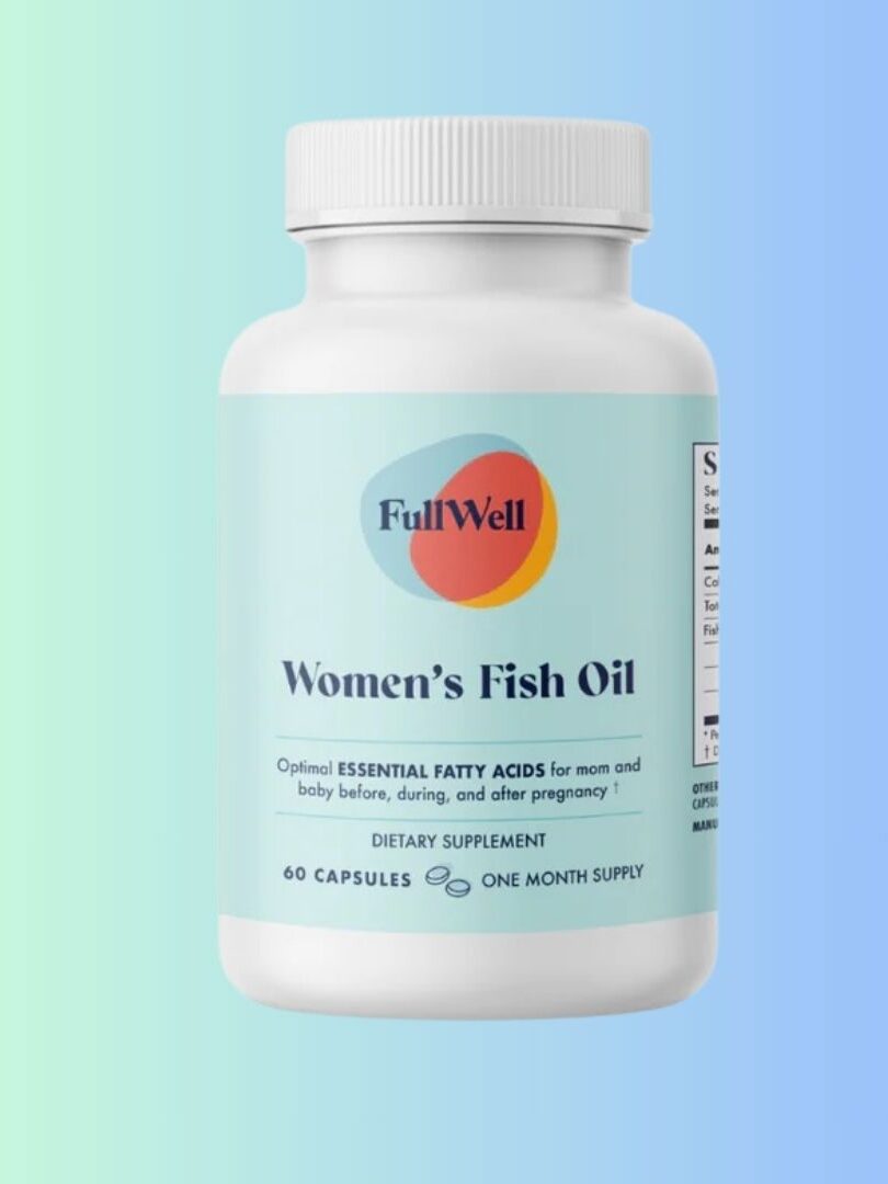 A white bottle labeled "FullWell Women's Fish Oil" containing 60 capsules for women's health. The label mentions essential fatty acids for use before, during, and after pregnancy.