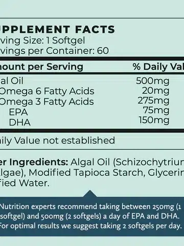 Supplement Facts label for a dietary supplement. It lists algal oil ingredients, serving size of 1 softgel, and suggests taking between 250mg and 500mg (1-2 softgels) daily for EPA and DHA.