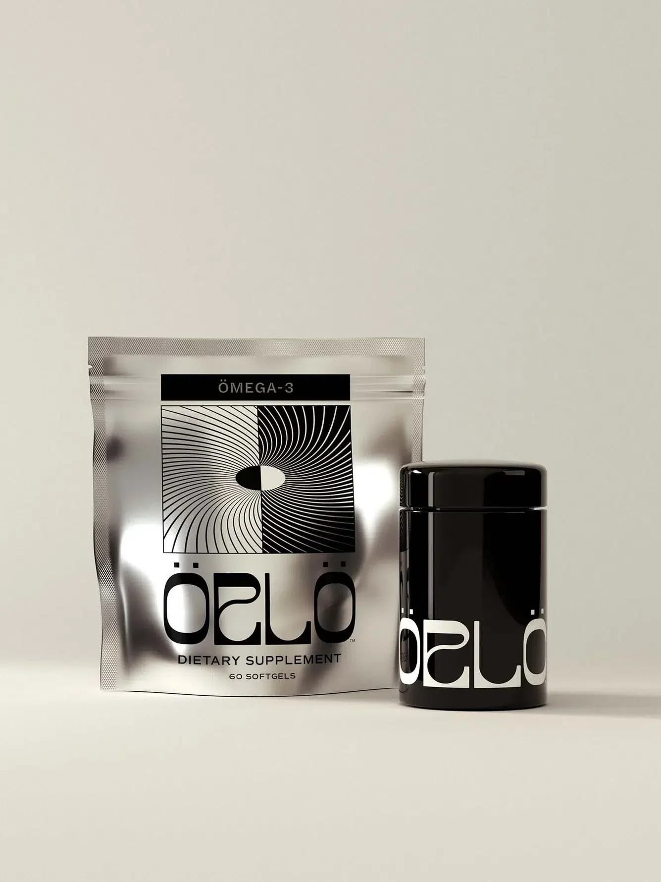 A silver pouch and a black cylindrical bottle labeled "Örlö Omega-3 Dietary Supplement" containing 60 softgels are displayed against a plain background.