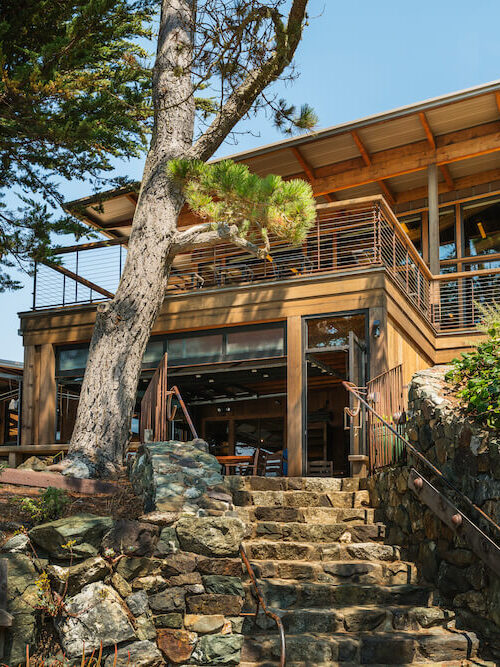 Modern multi-story building with large windows, surrounded by trees and foliage, and featuring stone steps leading to the entrance. The structure has wood and metal elements, with an upper balcony.