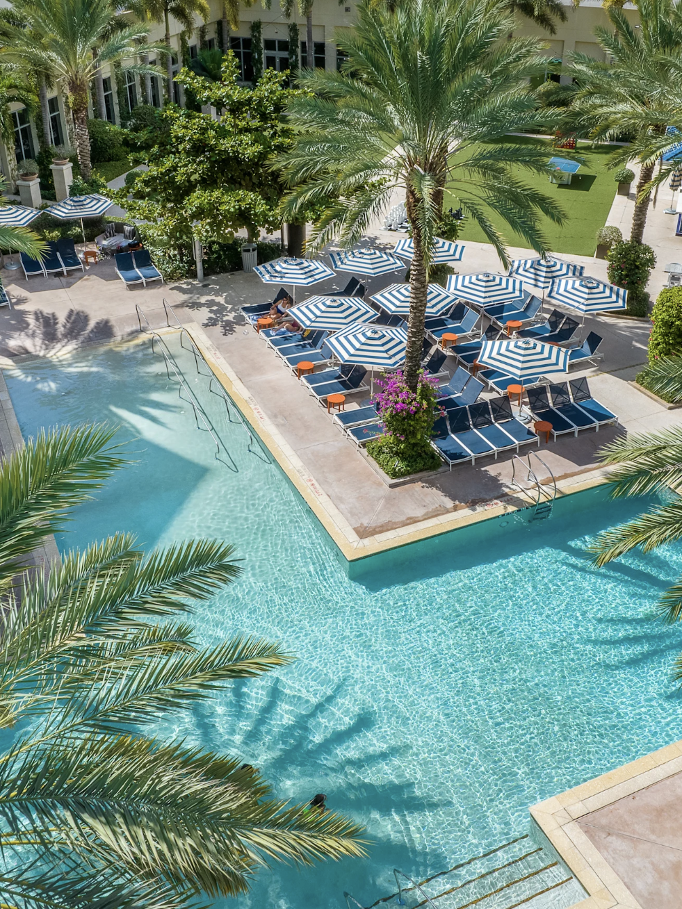 Aerial view of a resort pool surrounded by palm trees and lounge chairs with blue and white striped umbrellas. Several people are sunbathing and swimming.