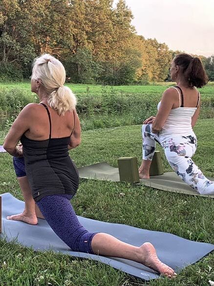 Three women are practicing yoga outdoors on a grassy field, performing lunges on yoga mats with blocks for support. Trees and foliage are visible in the background.