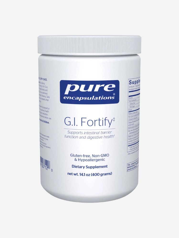 A white container of Pure Encapsulations G.I. Fortify dietary supplement, 14.1 oz, labeled as a gluten-free, non-GMO, and hypoallergenic option among fiber supplements for women.