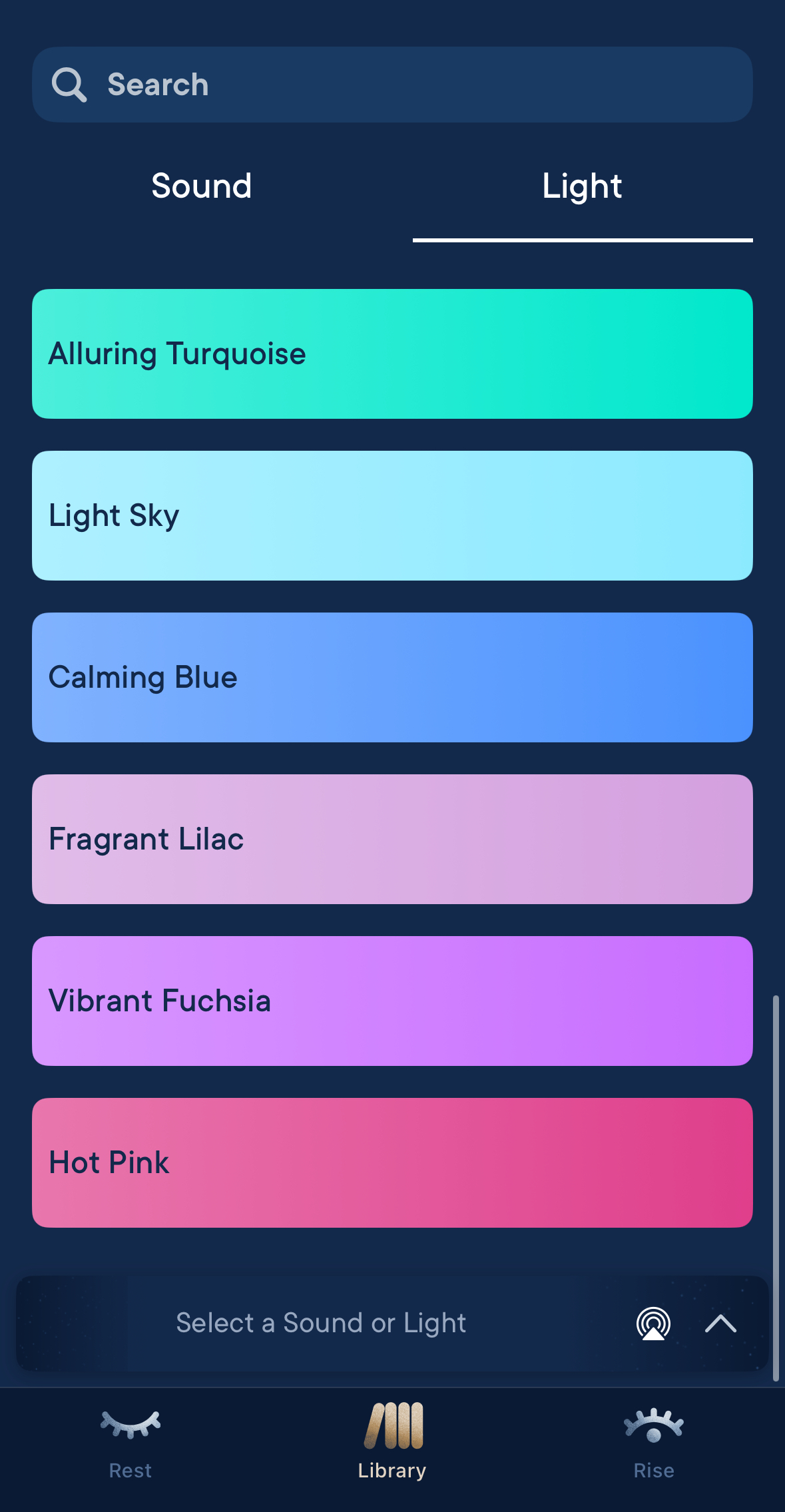 A screen showing six color options labeled Alluring Turquoise, Light Sky, Calming Blue, Fragrant Lilac, Vibrant Fuchsia, and Hot Pink in a sound or light selection interface.