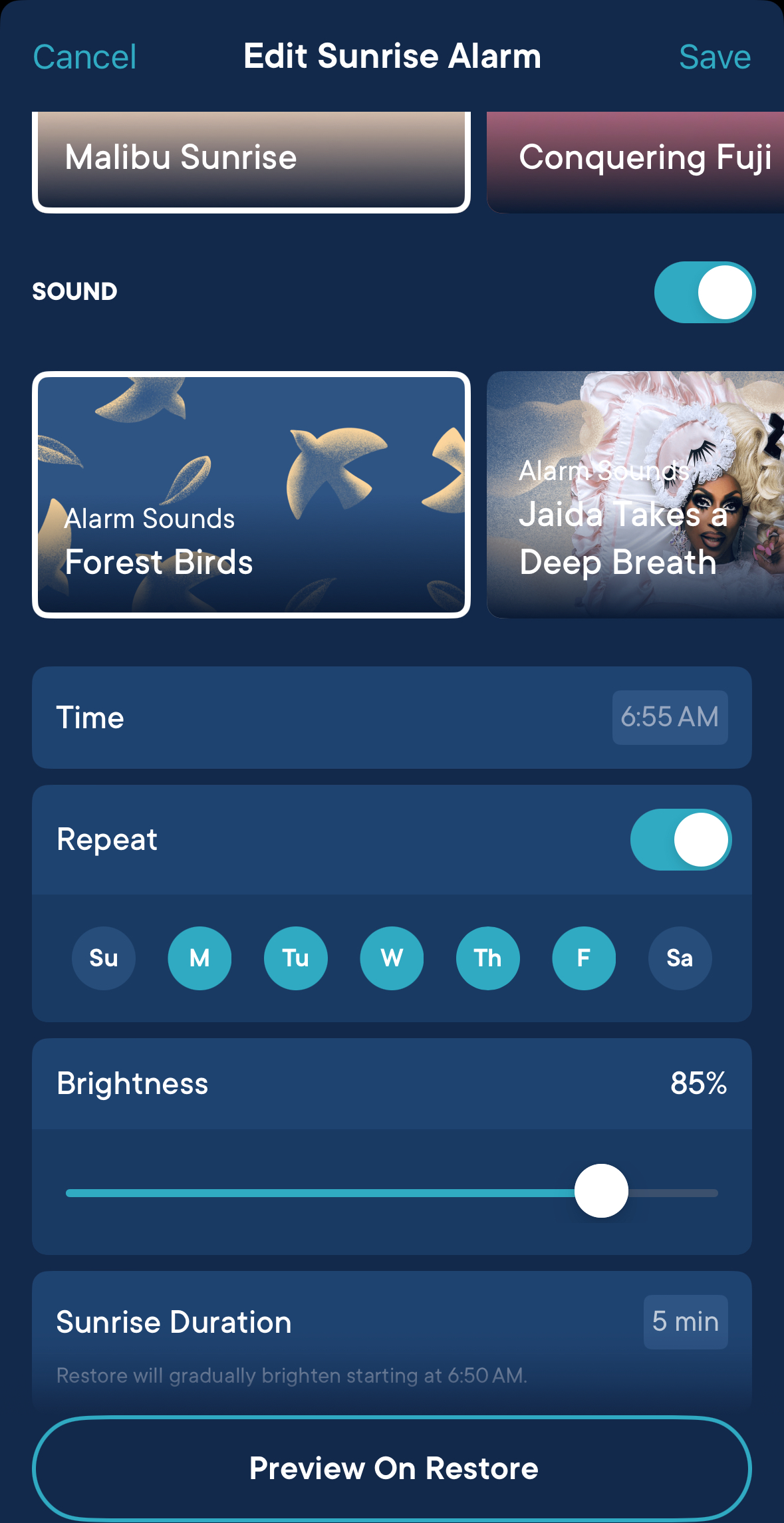 Screenshot of a mobile app interface for setting a "Sunrise Alarm." Options include alarm sound, time, repeat days, brightness, and sunrise duration. "Preview On Restore" button shown below settings.