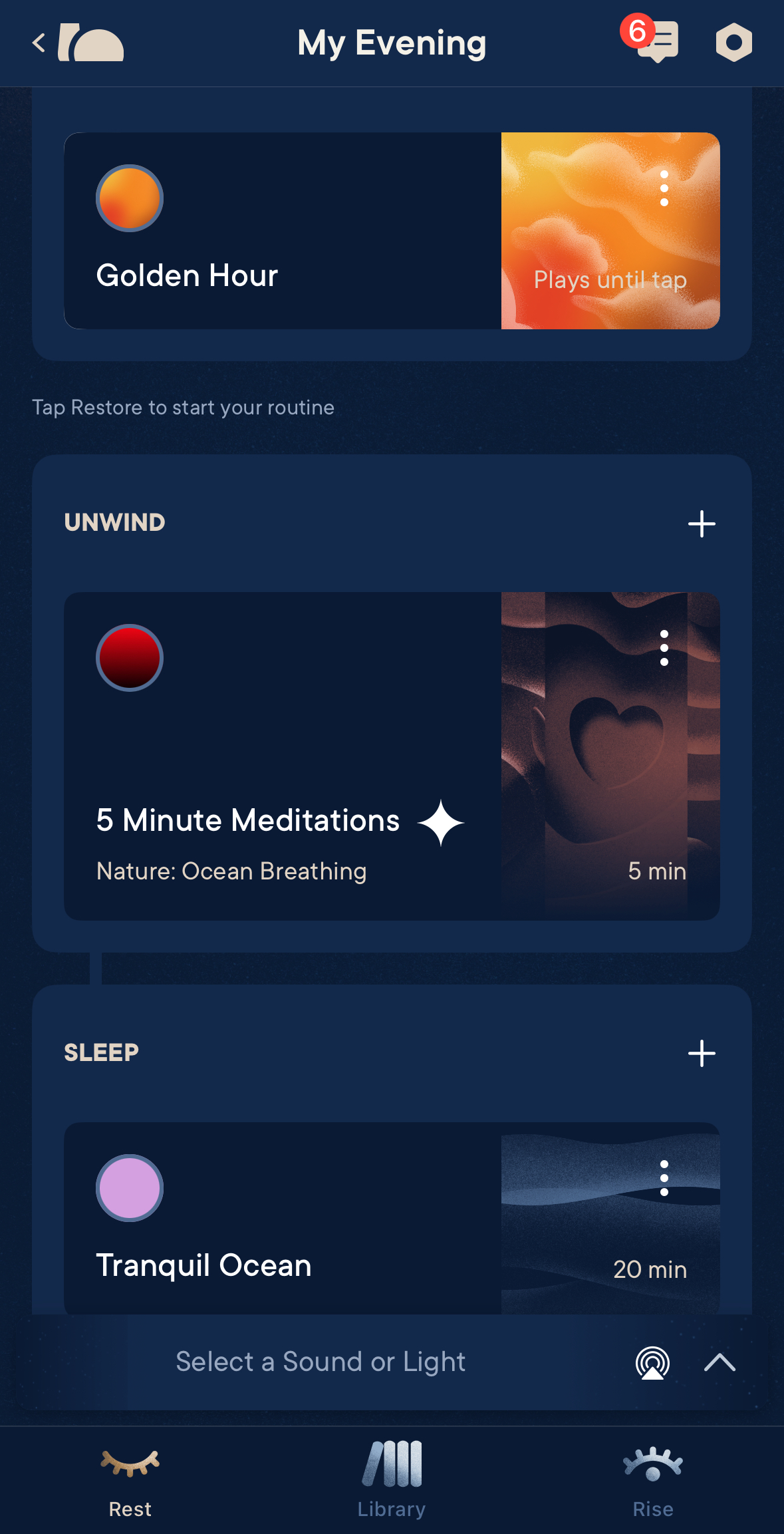 A screenshot of a relaxation app's "My Evening" screen, showing options for "Golden Hour," "5 Minute Meditations," and "Tranquil Ocean," along with sound and light selection at the bottom.