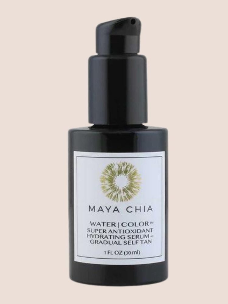 A bottle of Maya Chia Water Color Super Antioxidant Hydrating Serum Gradual Self Tan, 1 FL OZ (30 mL), with a black pump dispenser and a white label.