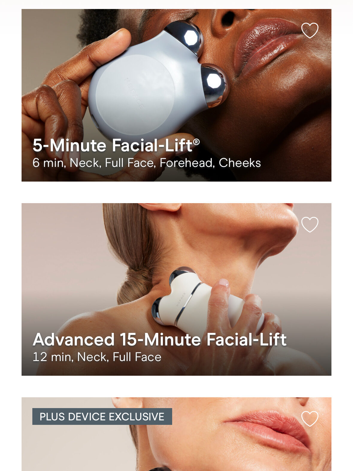 A mobile app interface showcasing three facial treatment options: Ultra Sculpted Facial, 5-Minute Facial-Lift, and Advanced 15-Minute Facial-Lift. Each listing includes the duration and targeted areas.