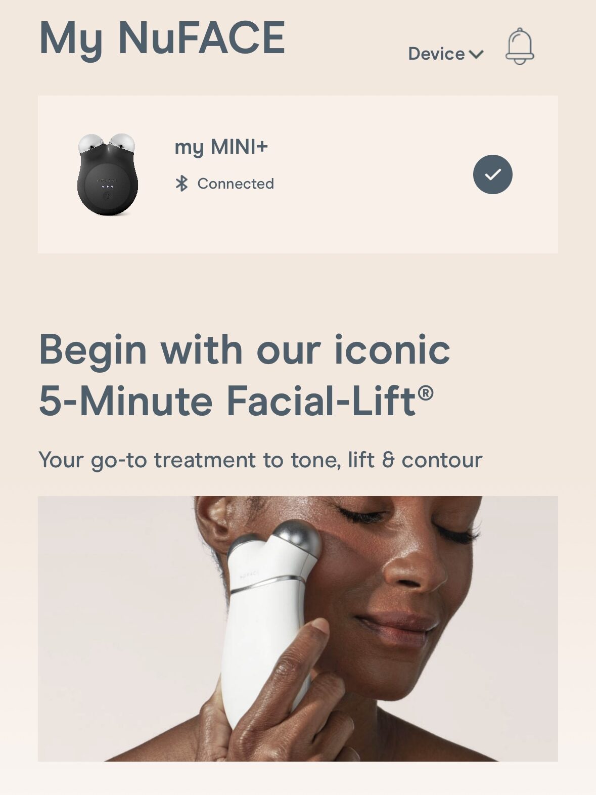 Screenshot of the My NuFACE app showing a connected NuFACE Mini device, a woman using the device on her face, and navigation tabs at the bottom including Home, My NuFACE, My Journey, My Feed, Shop, and Settings.