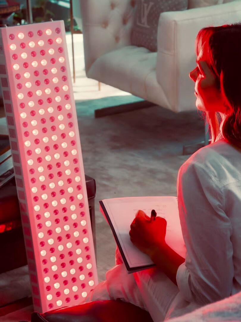 A person sits indoors facing a vertical panel of red lights while writing in a notebook. The room has a modern decor with a white couch and pillows in the background.