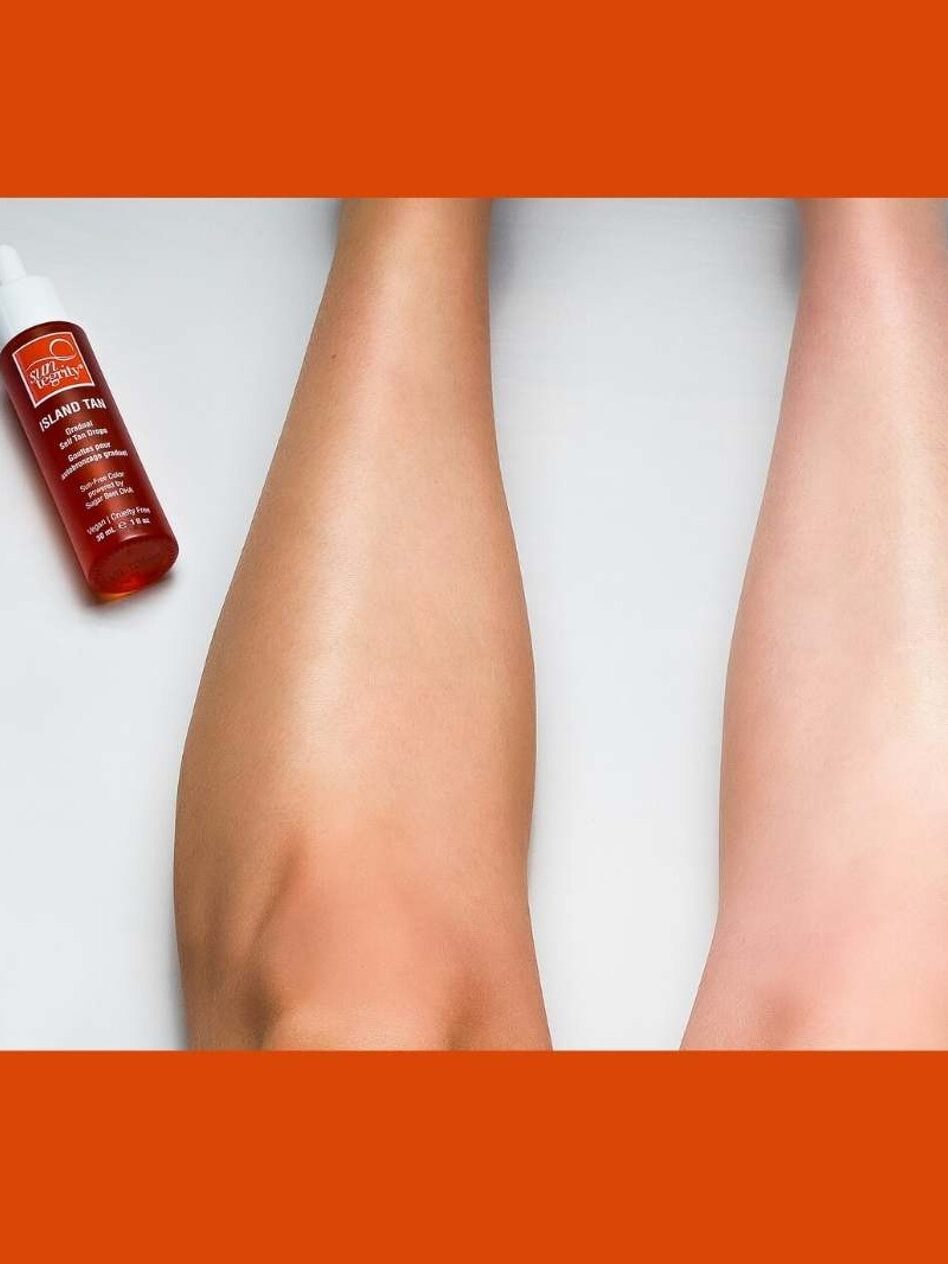 Two legs shown side by side, one tanned and one untanned, with a bottle of self-tanning product placed nearby against an orange background.