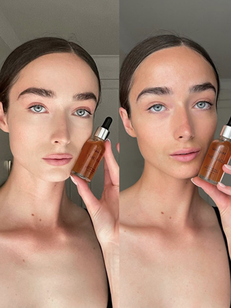 Person holding a bottle of facial serum close to their face in two side-by-side photos, showcasing the product.