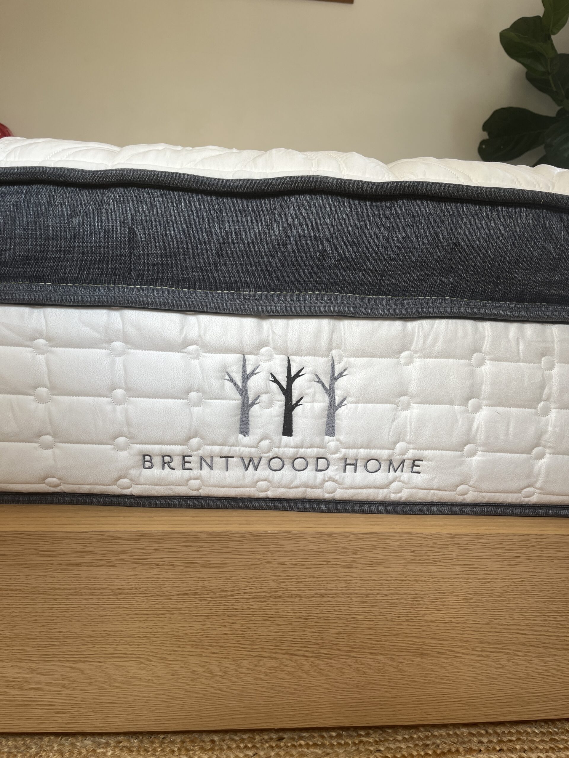 Close-up of a mattress labeled "Brentwood Home" with a tree logo, set on a wooden bed frame.