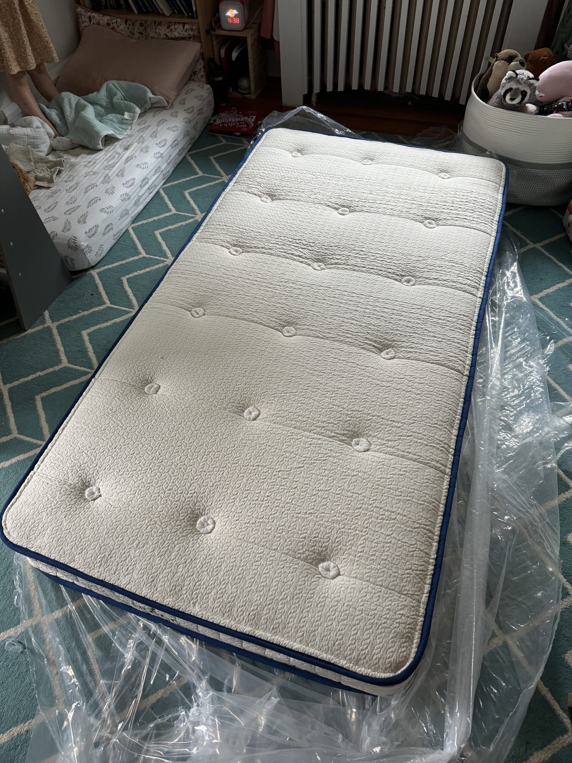 A twin-size mattress wrapped in plastic lies atop another plastic-covered mattress in a room with a patterned rug.