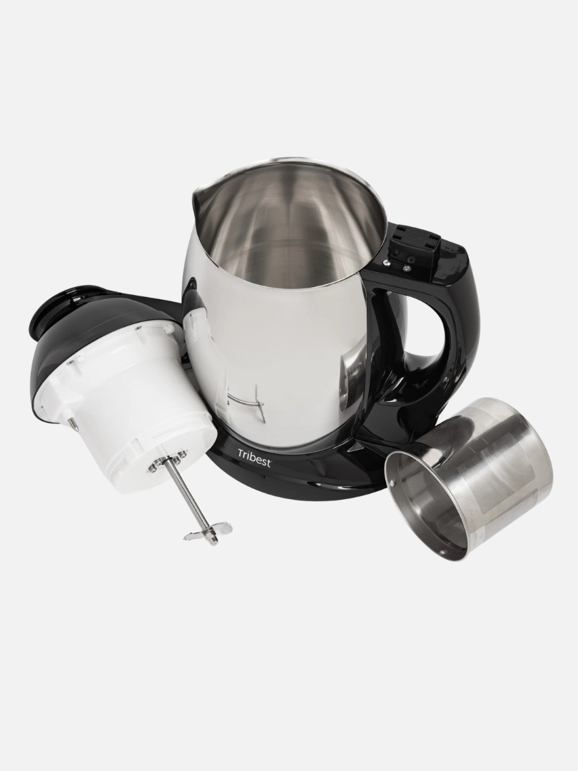 Stainless steel kitchen appliance with a black handle, a detached lid, and an additional steel cup placed beside it, on a white background.