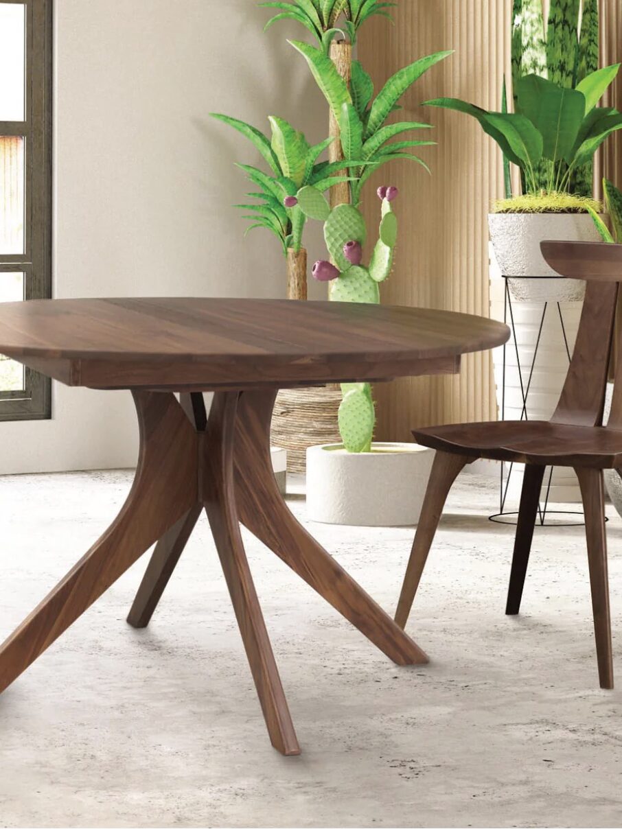 A wooden table with a modern design and matching chair are placed in a room with large windows. Potted plants, including a cactus and other greenery, are in the background.