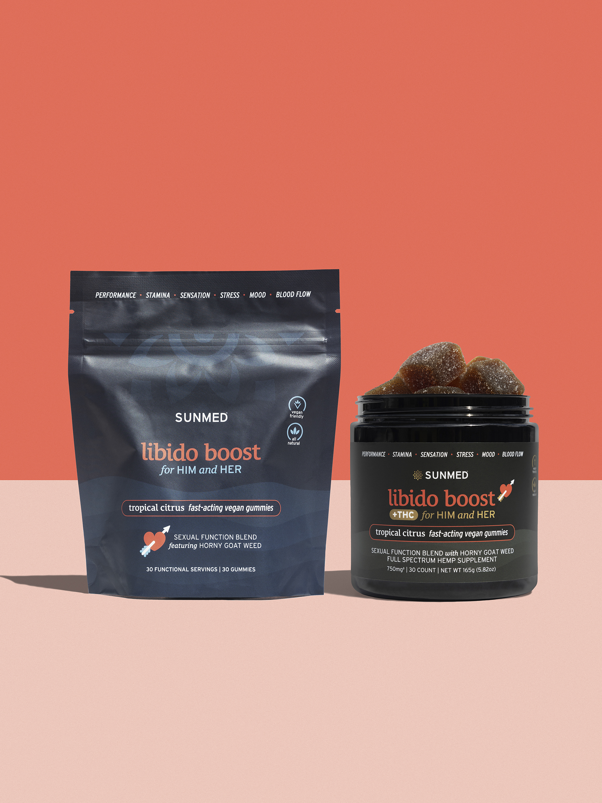 Two containers of SUNMED libido boost supplements are placed against an orange background. One is a standing pouch and the other is a jar, both labeled "tropical citrus fast-acting vegan gummies.