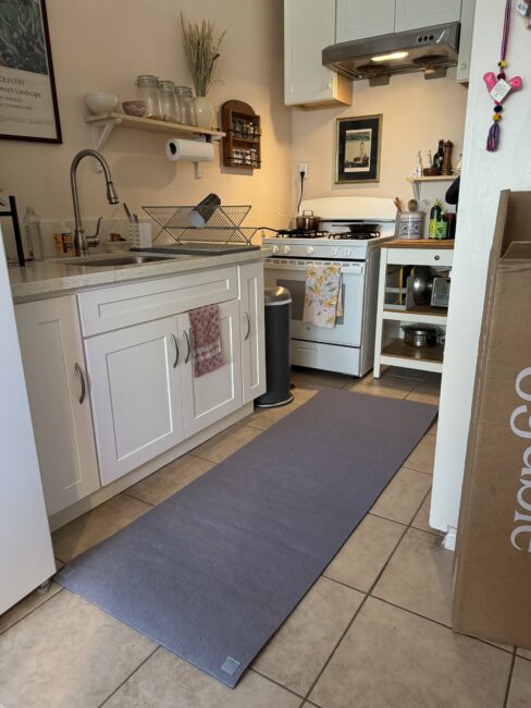 Compact kitchen with white cabinets, a small stove, and a sink. A long gray mat is on the tiled floor. Various kitchen items are on the counter and shelves. A cardboard box is on the right.