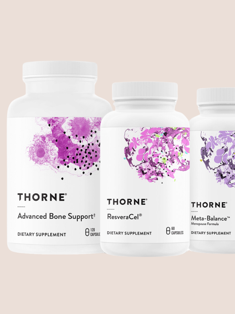 Three bottles of dietary supplements labeled Thorne: Advanced Bone Support, ResveraCel, and Meta-Balance, shown against a light background.