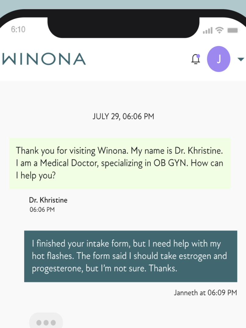 A screenshot of a chat between a user and Dr. Khristine on the Winona platform discussing hot flashes and hormone treatments post form submission.