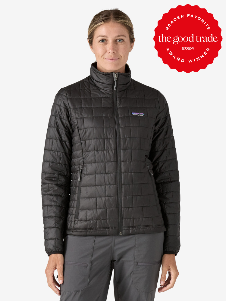 A model wearing a Patagonia black nano puffer jacket. 