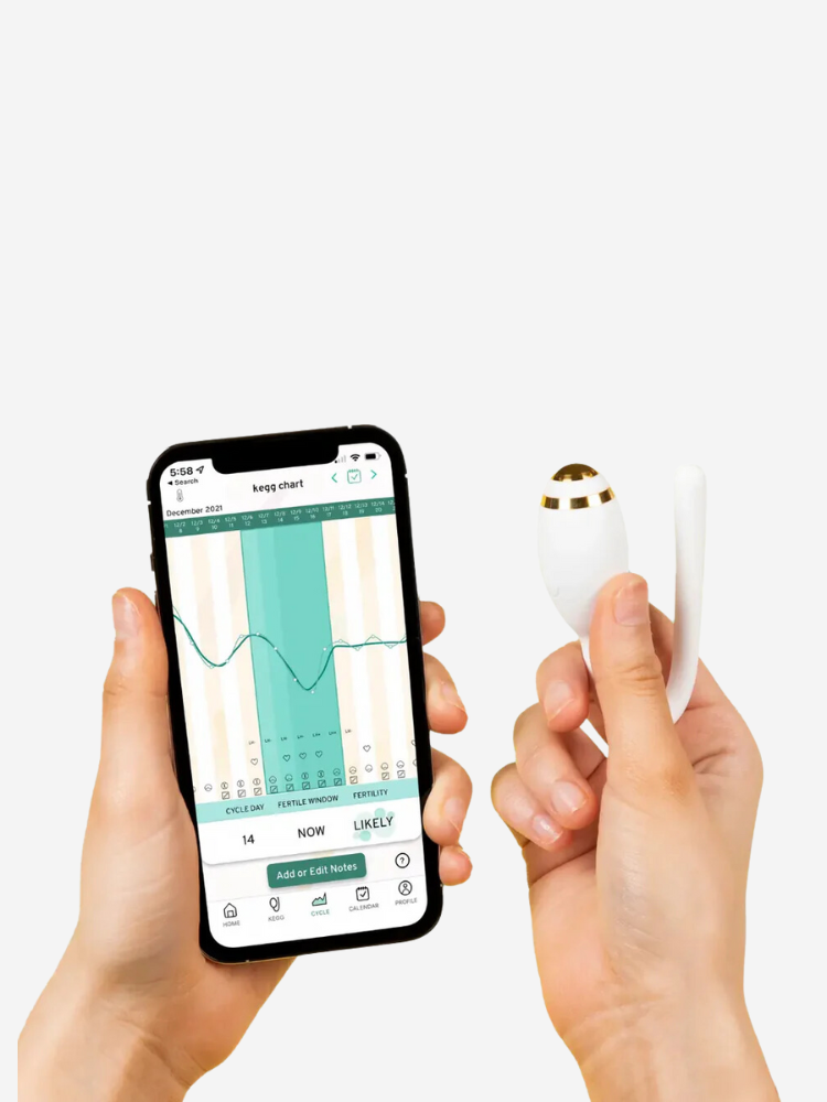 Close up of the kegg cervical mucus tracker and its smartphone app. 