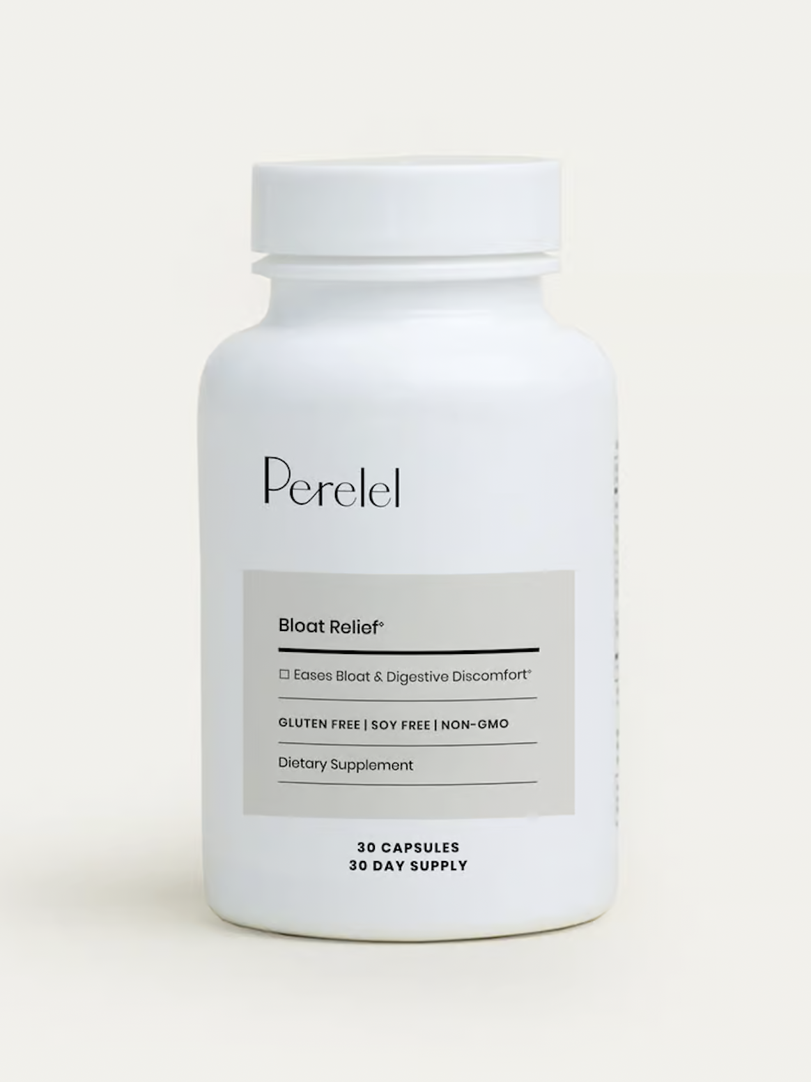 A white bottle of Perelel Bloat Relief dietary supplement with a label indicating it's gluten free, soy free, and non-GMO, containing 30 capsules for a 30-day supply.