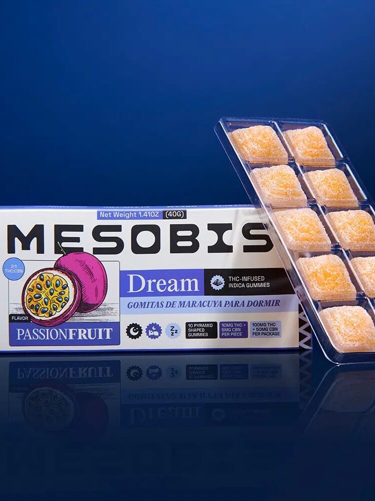 A package of Mesobis Dream gummies, flavor Passionfruit, THC-infused. The packaging shows 12 orange gummies in a clear tray, with text and images highlighting product features against a blue background.