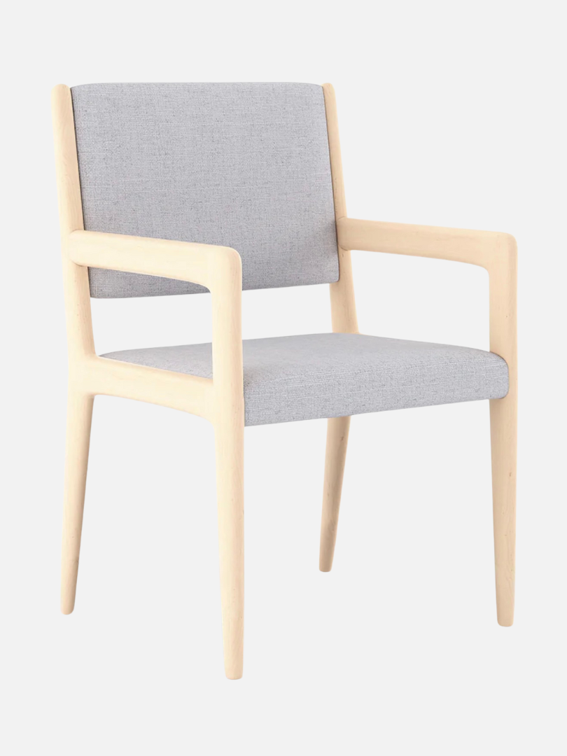 A wooden armchair with light grey fabric seat and backrest on a white background.