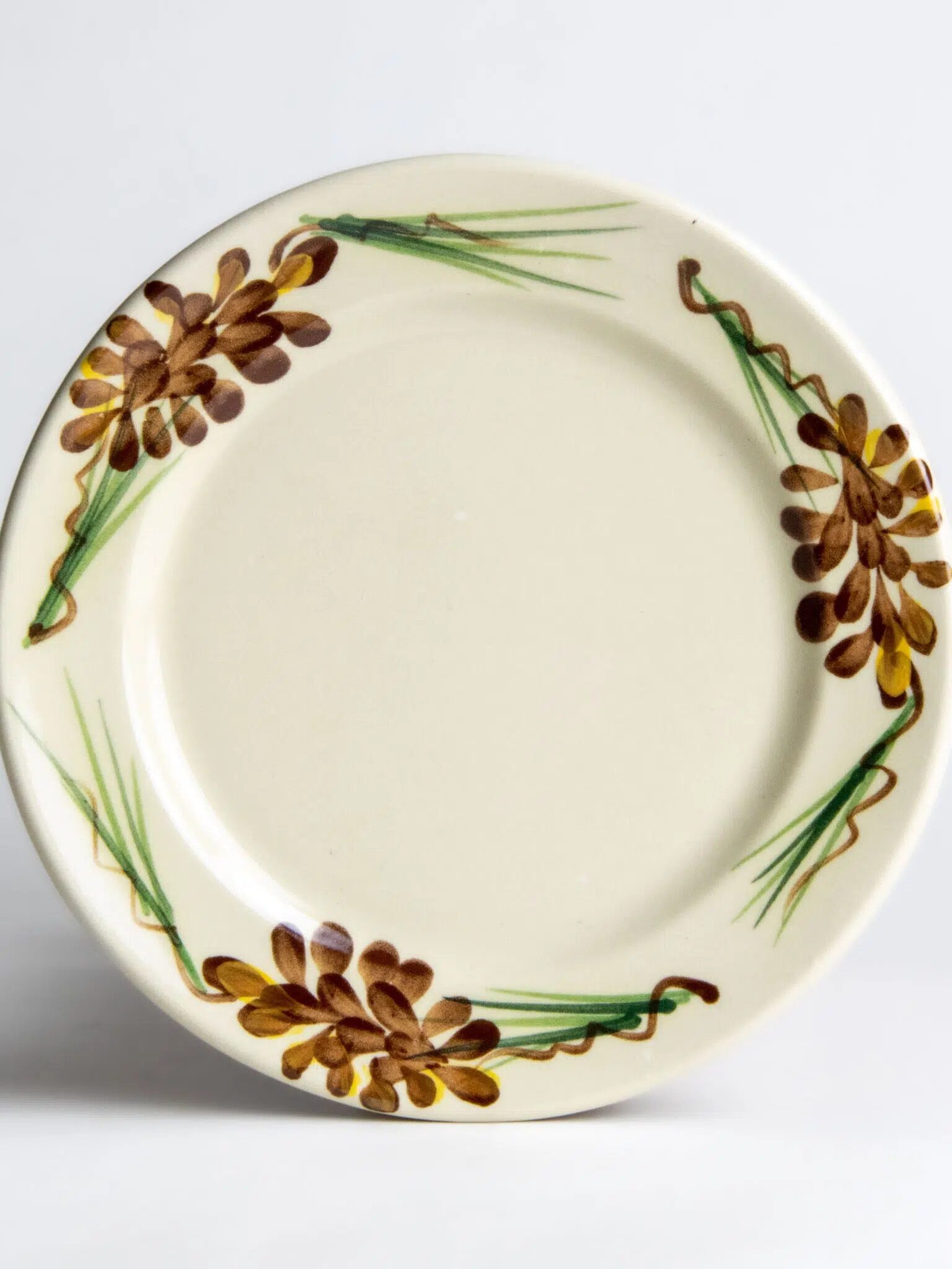 A round ceramic plate with a beige background, featuring a pine cone and pine needle design along the rim.