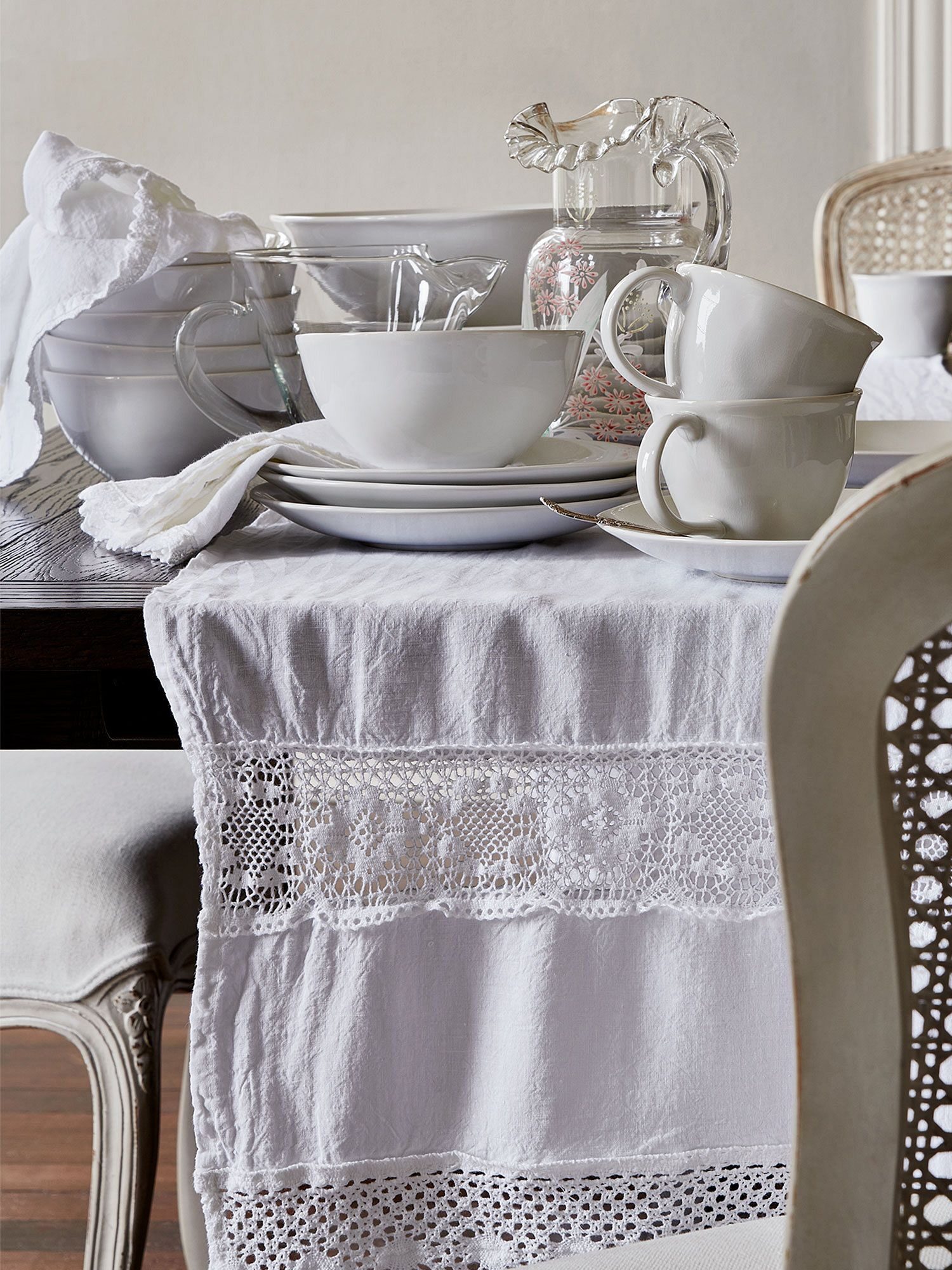 A linen white crochet runner from Greenrow. 