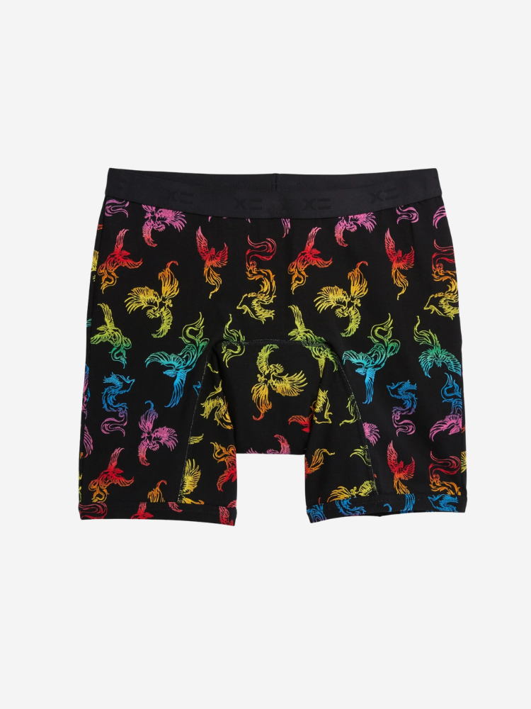 A pair of TomboyX period boxer shorts with a rainbow phoenix pattern throughout. 