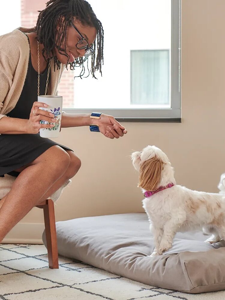 A woman sits on a chair holding a mug while offering a treat to a small white dog on a cushion in front of her.